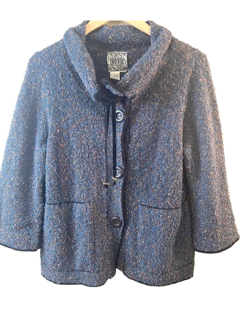 Vintage Curio Tweed Knit Cardigan Jacket Shawl Collar Blue Multicolor 90s M/L